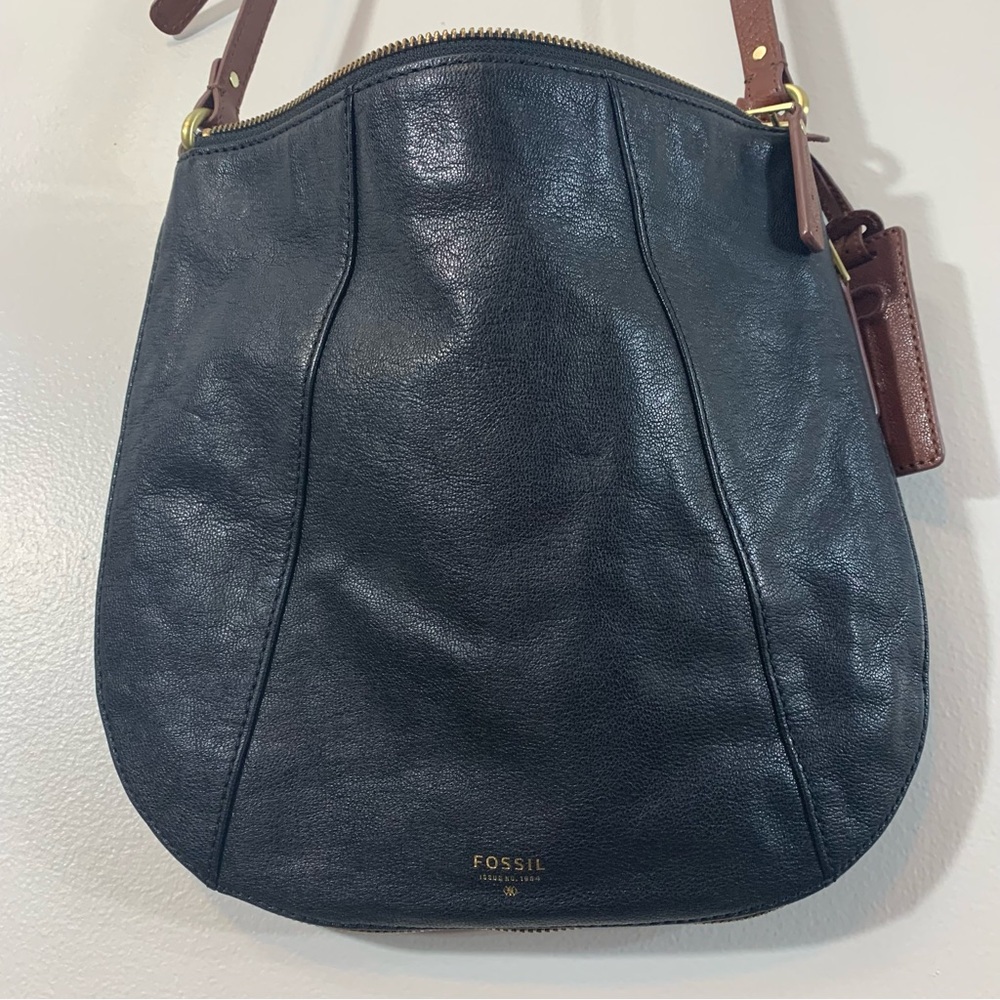 Fossil Gwen Hobo Black White Goat Cow Hide Leather Expandable Crossbody Bag